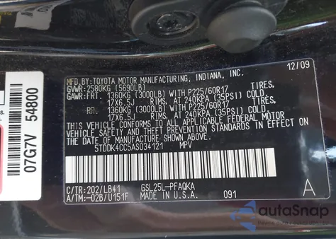 2010 Toyota Sienna Xle z USA, uszkodzony, nr VIN 5TDDK4CC5AS034121